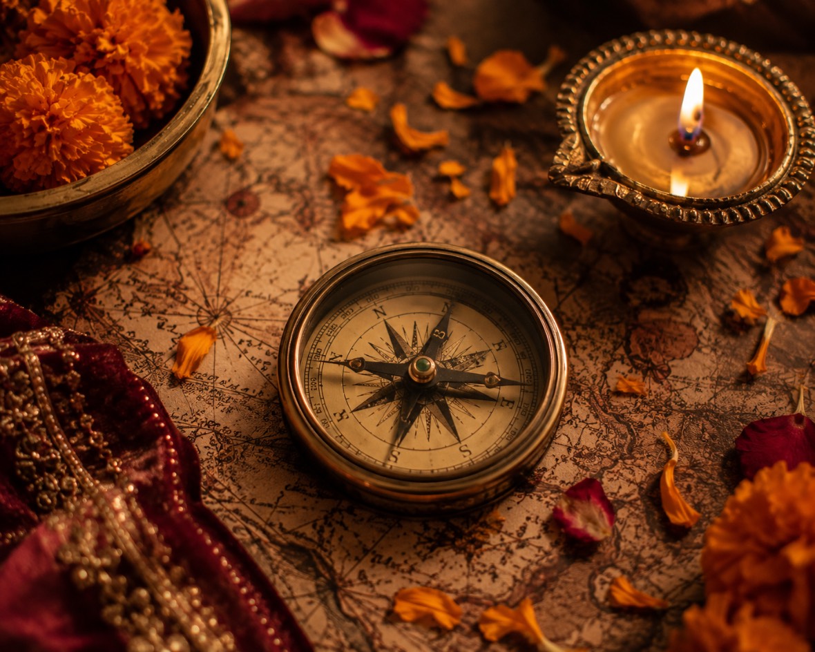 A brass compass resting on an antique map