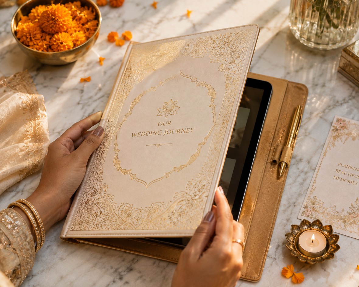 A gold-foiled wedding planner opening on a desk